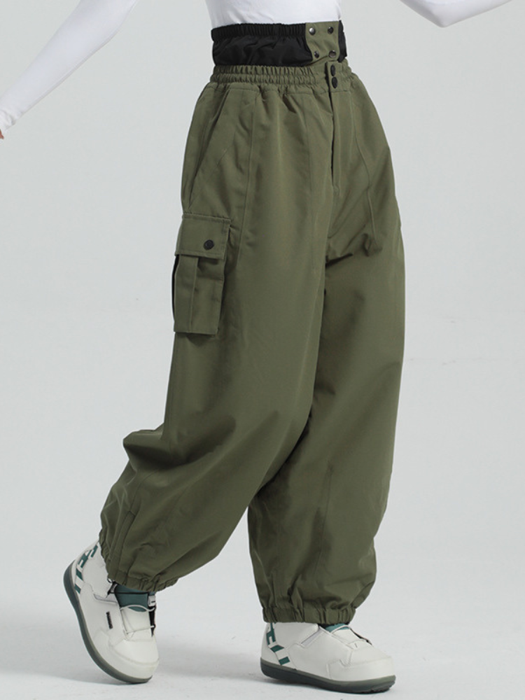 Waist-protecting Cuffed Lantern Cargo Snow Pants